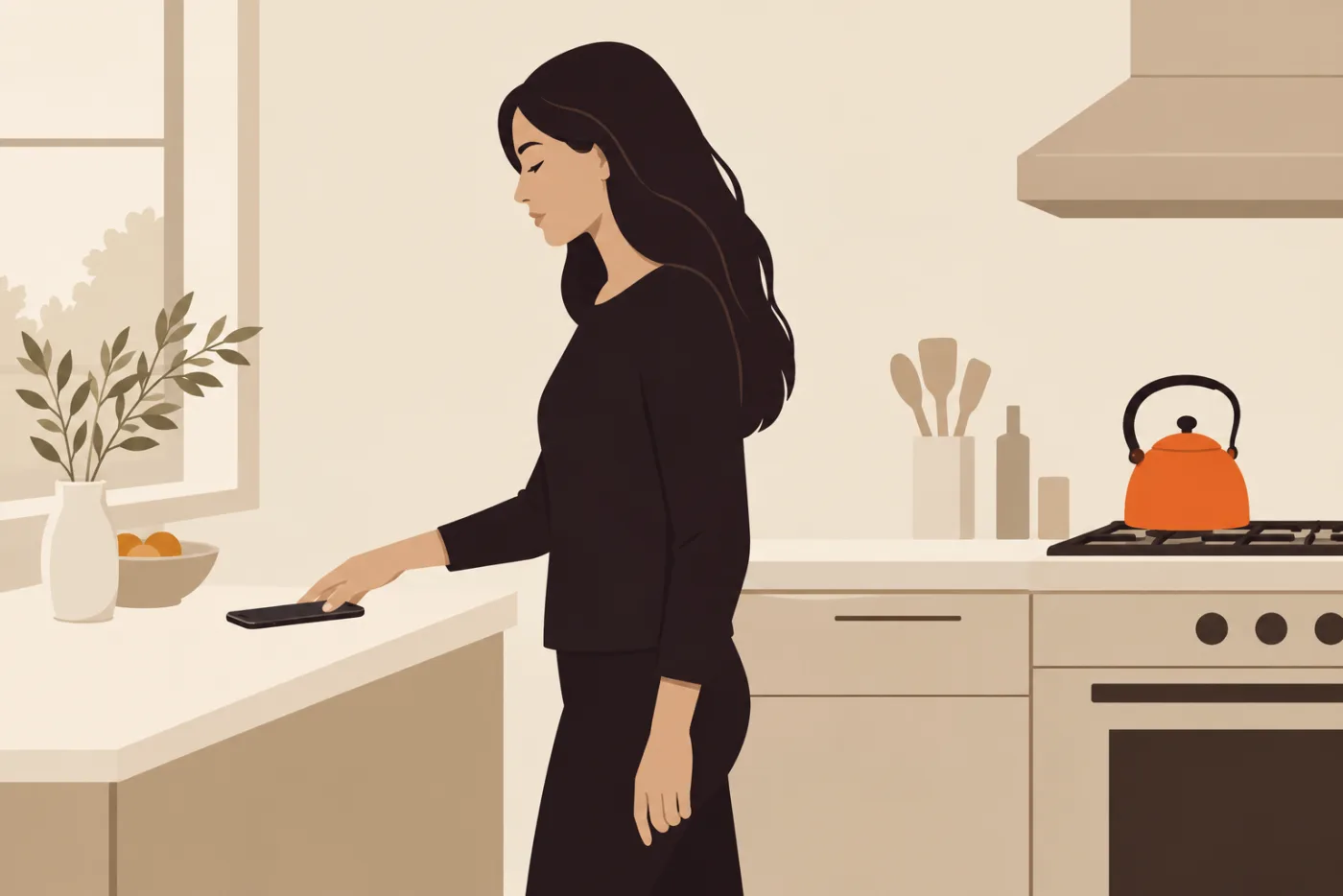 Woman in a quiet kitchen setting her phone face down on the counter, a kettle on the stove behind her