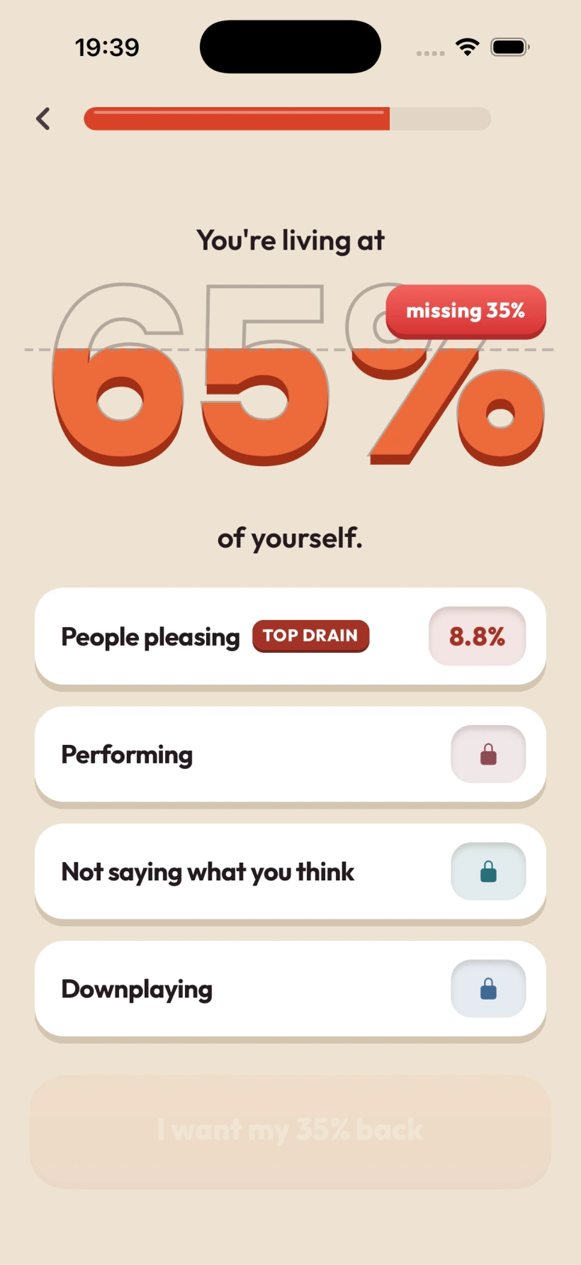 The app showing one habit named as the top drain and three more behind padlocks