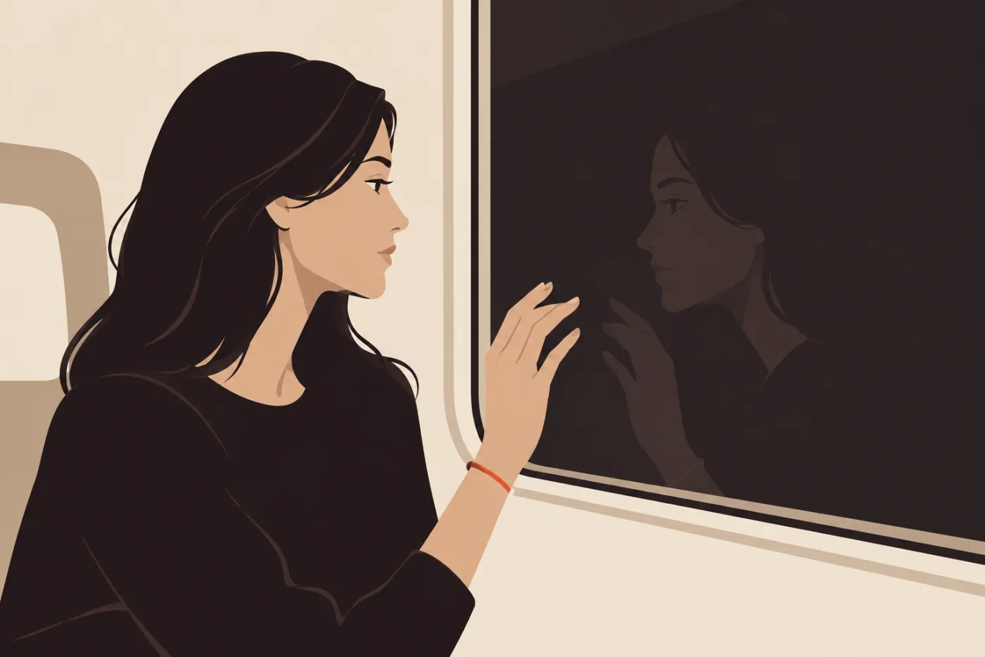 Woman in profile seeing her reflection in a train window, one hand paused mid-gesture