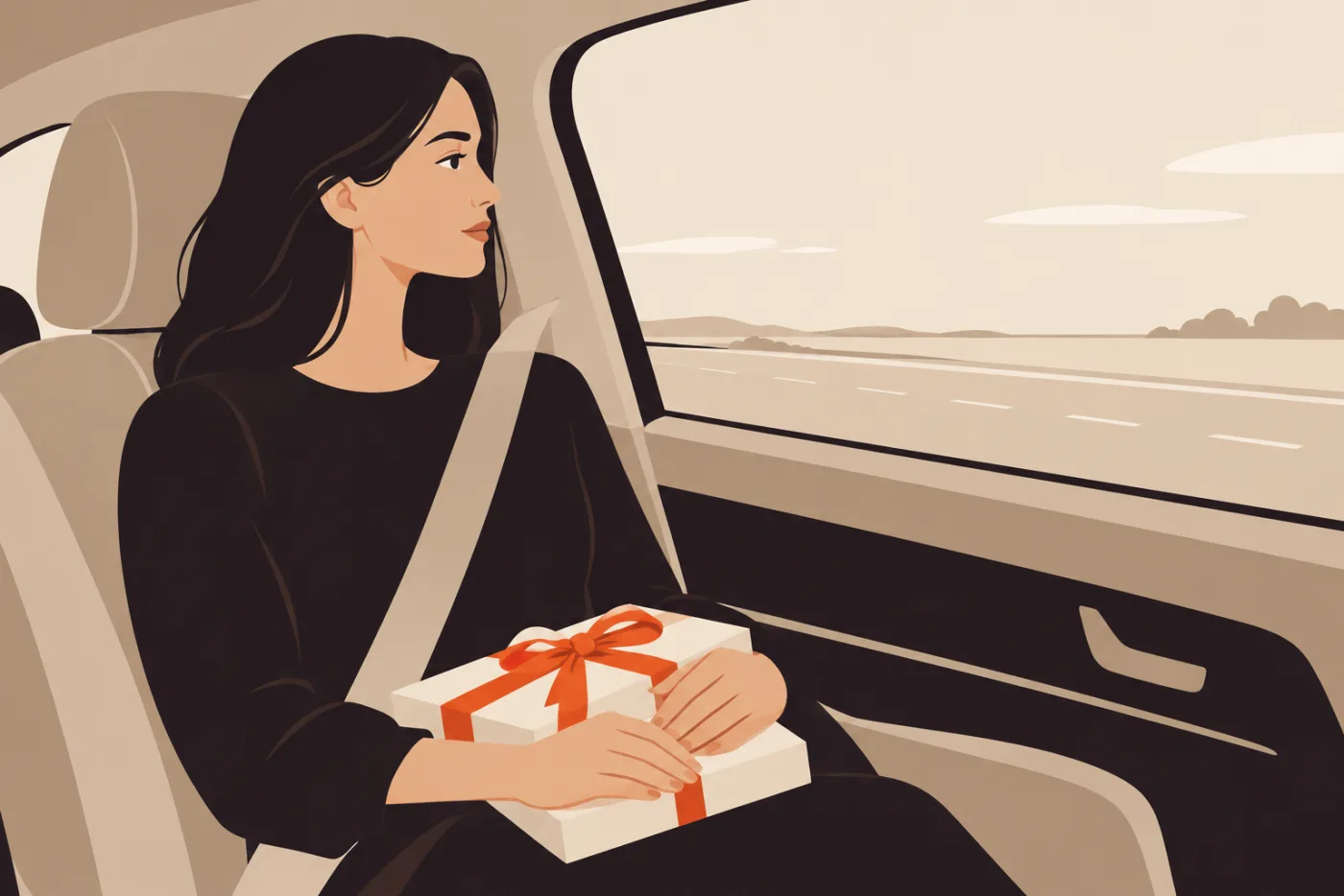 Woman in a car passenger seat looking out the window, a wrapped gift with a ribbon on her lap