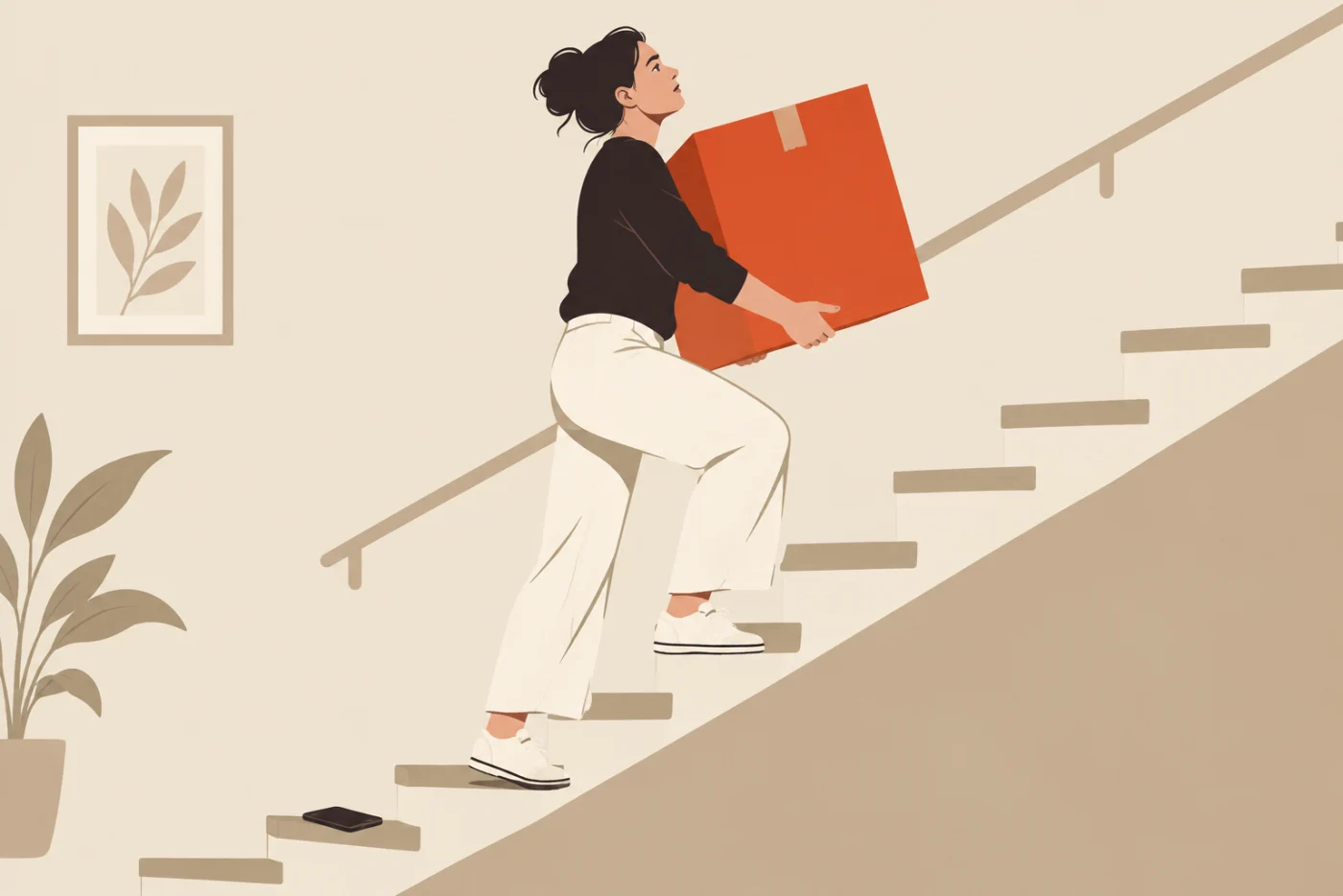 A woman carrying a large box up a narrow staircase alone