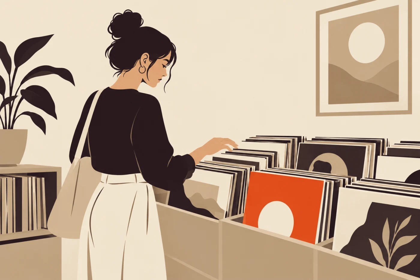 A woman at a record shelf with her hand hovering, unable to choose