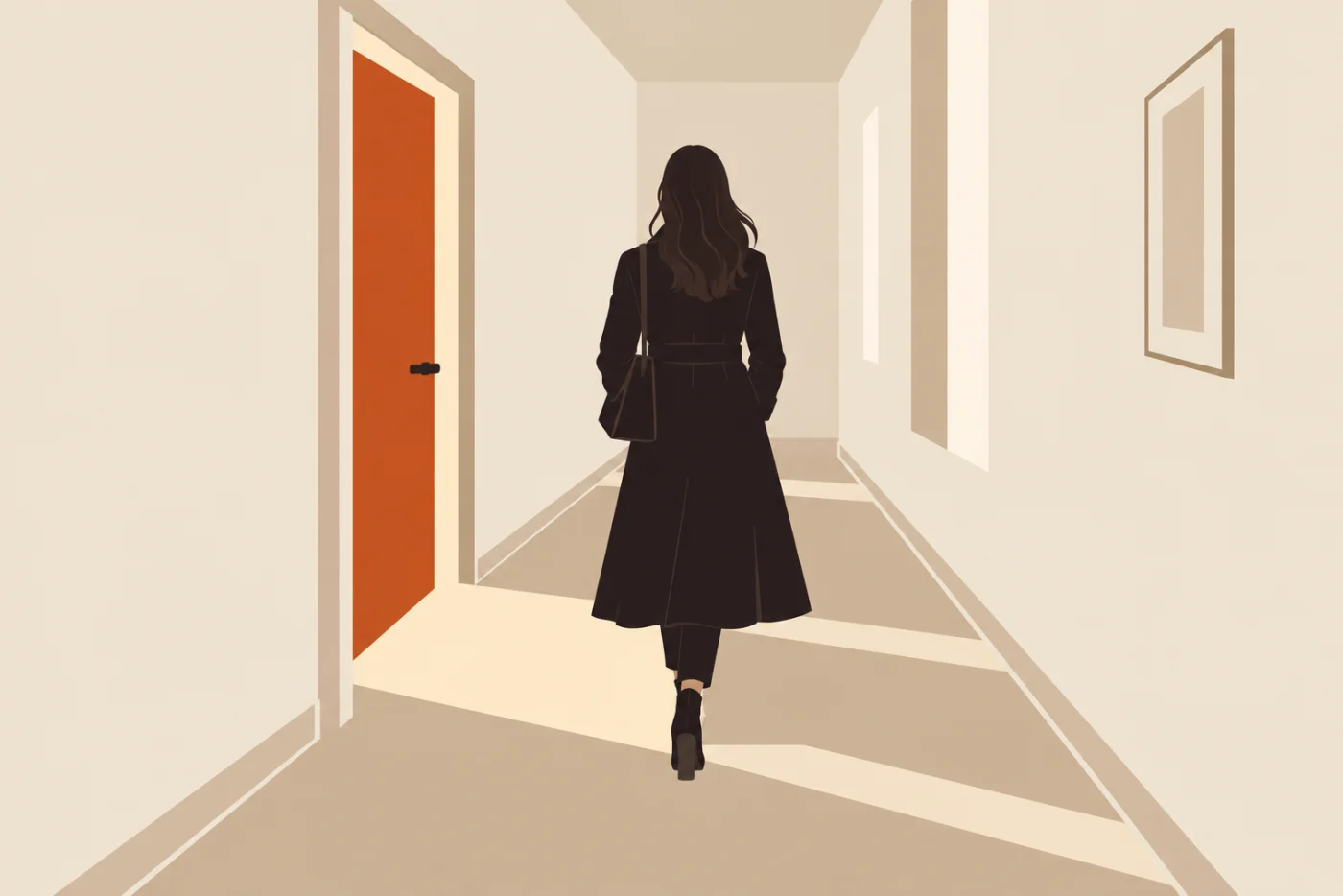 A woman walking away down a hallway, a lit door standing open behind her