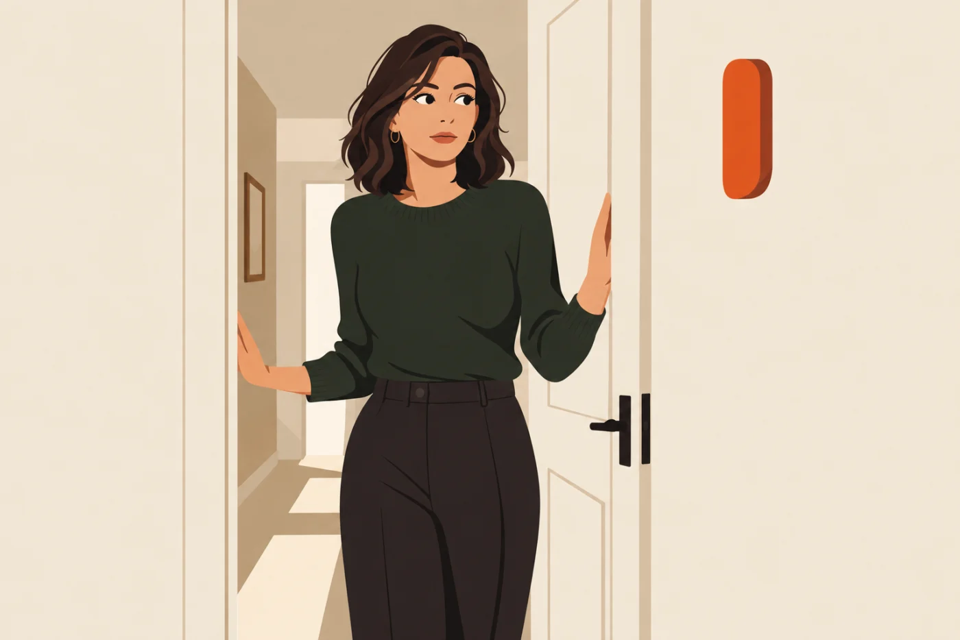 A woman standing still in a doorway between two rooms, shoulders slightly raised