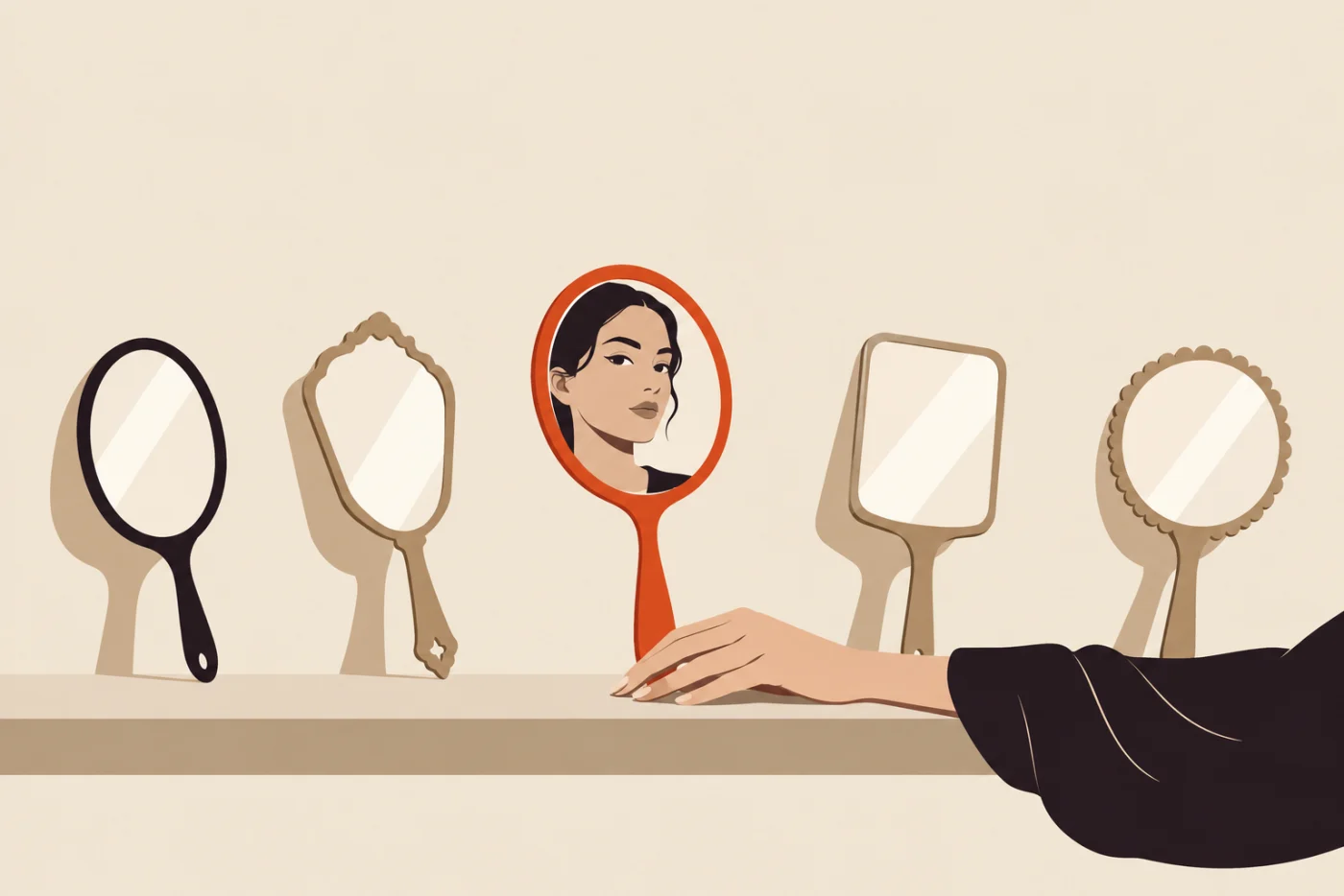 Five hand mirrors of different shapes propped along a shelf, the middle one turned to face you