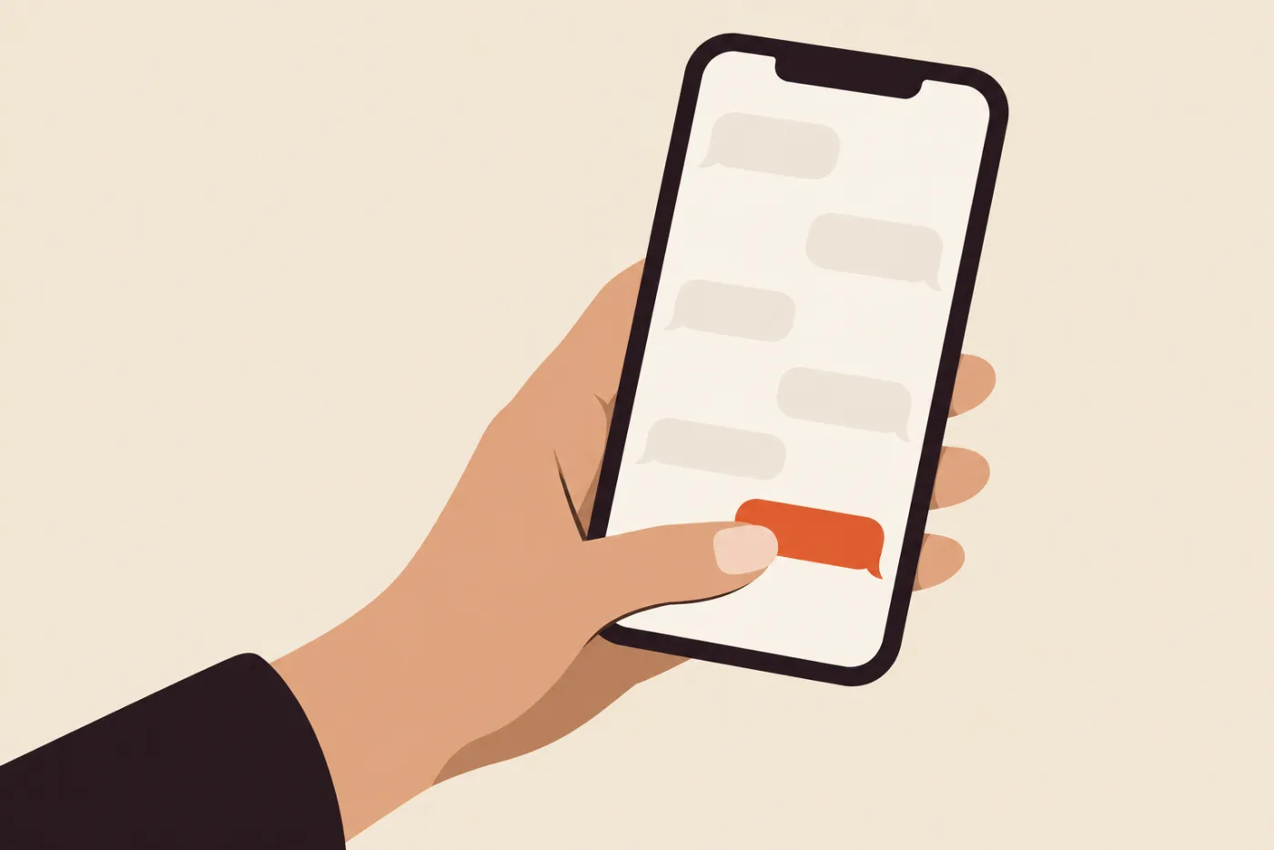 A hand holding a phone, thumb on the screen, the most recent sent message bubble highlighted
