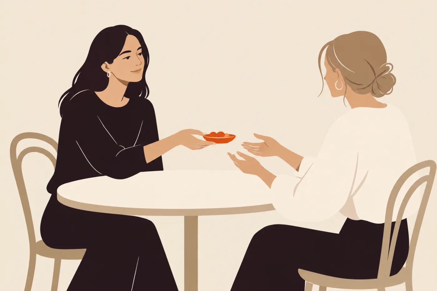 A woman at a cafe table passing a small dish back to her companion with an open hand